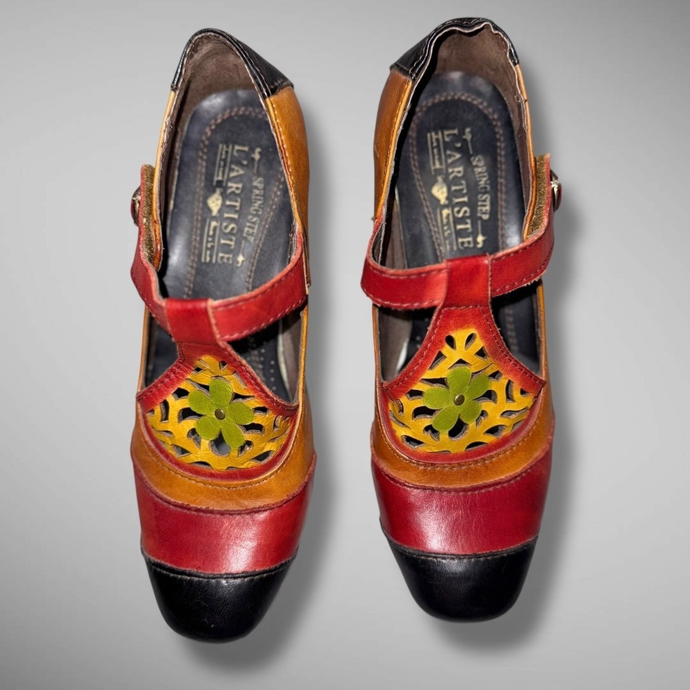 Spring‎ Step L'Artiste Shoes Womens Size 37 Heels Leather Floral Cutout Multi